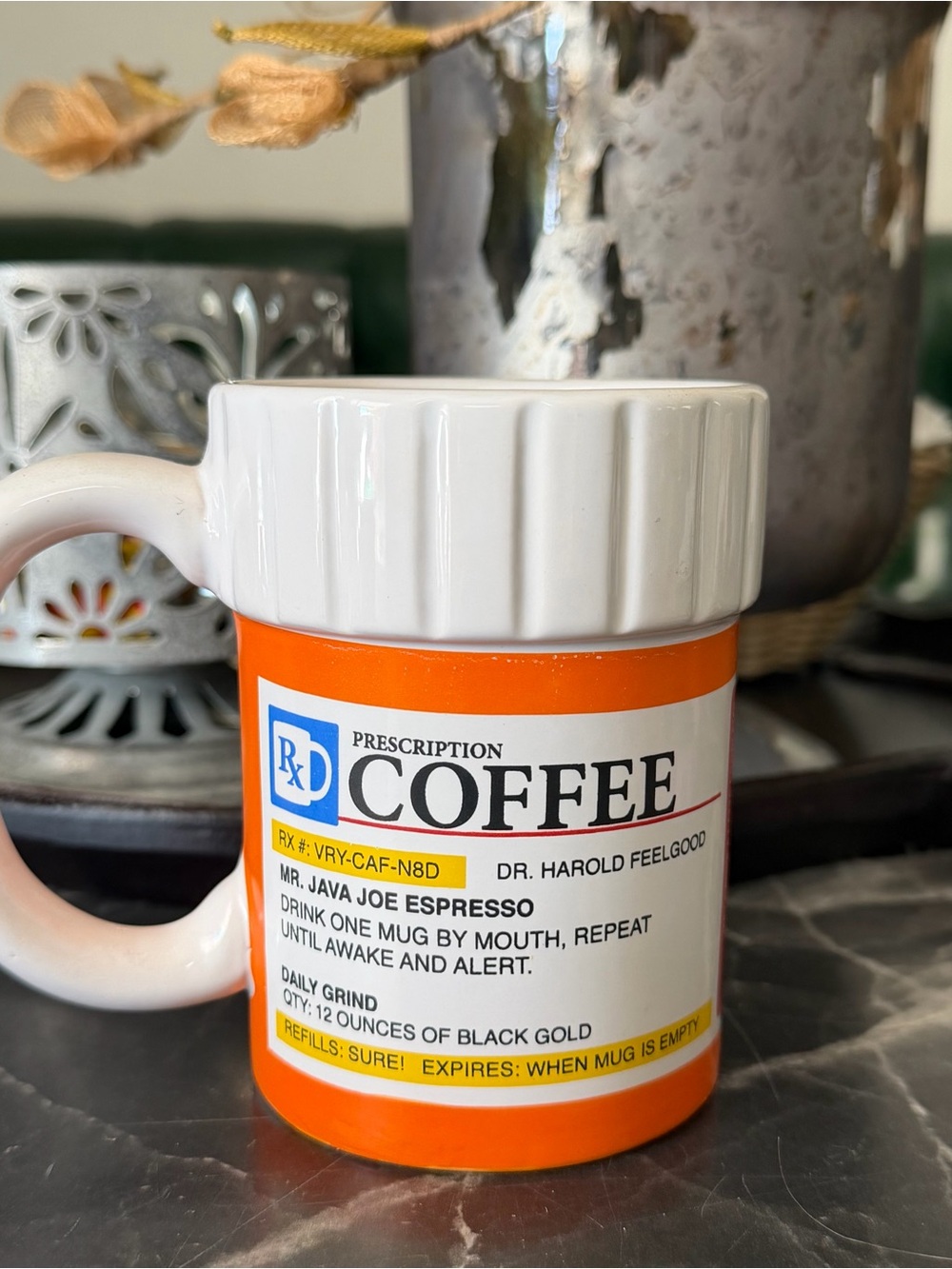 Prescription Coffee Ceramic Mug - White and Orange 12oz